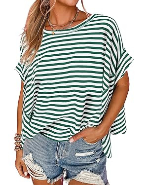 Tankaneo Womens Oversized Striped Tshirts Irregular Hem Batwing Short Sleeve Tops Summer Casual R... | Amazon (US)