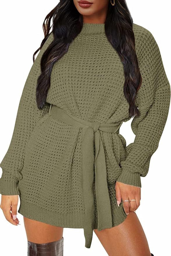 ZESICA Women's Long Sleeve Solid Color Waffle Knitted Tie Waist Tunic Pullover Sweater Dress | Amazon (US)