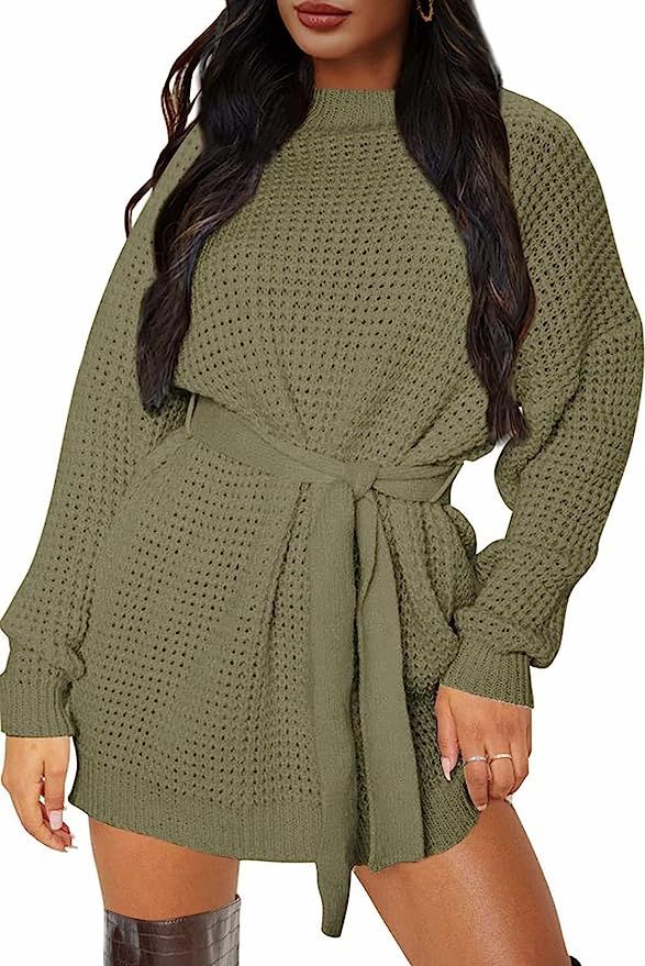 ZESICA Women's Long Sleeve Solid Color Waffle Knitted Tie Waist Tunic Pullover Sweater Dress | Amazon (US)