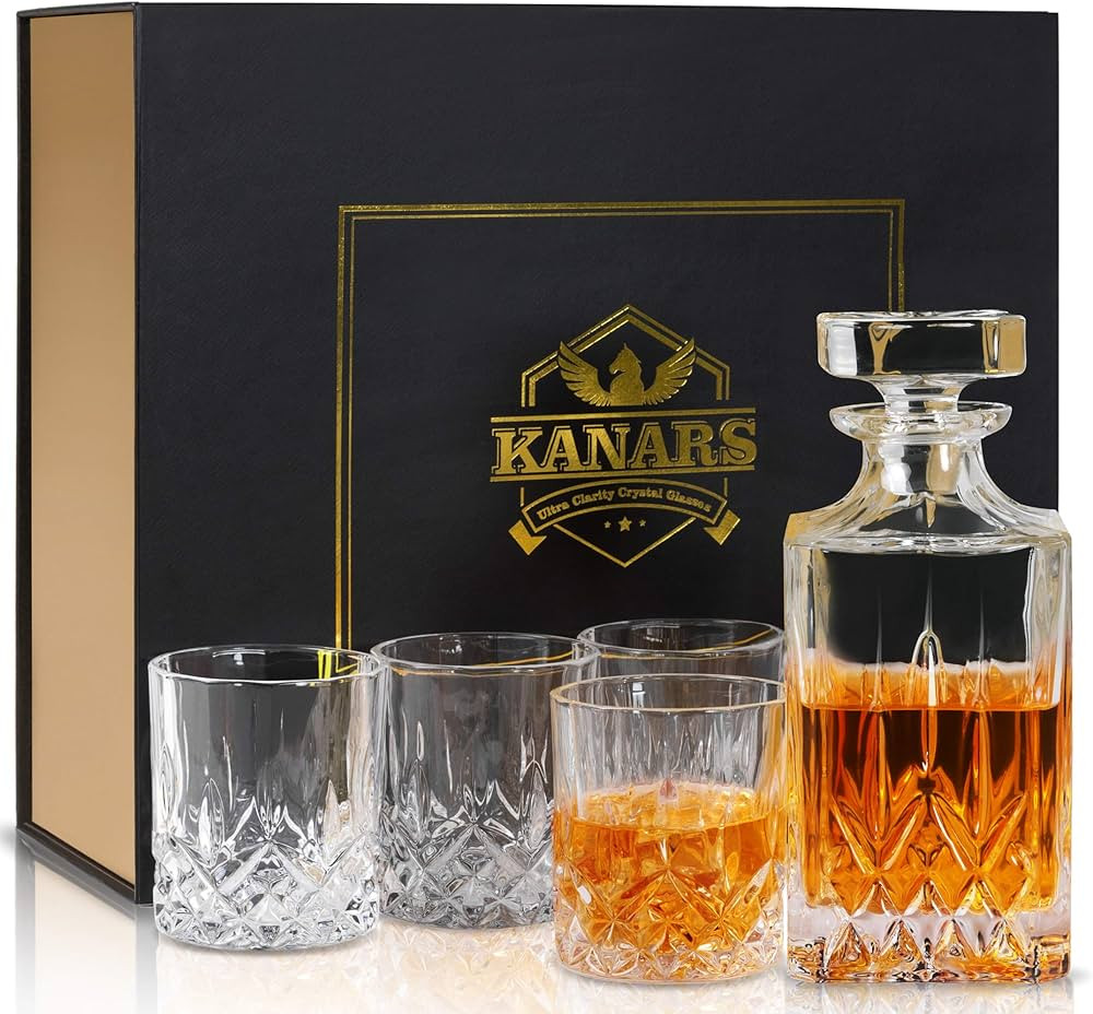 KANARS Whiskey Decanter And Glasses Set in Unique Gift Box - Original Crystal Liquor Decanter Set... | Amazon (US)