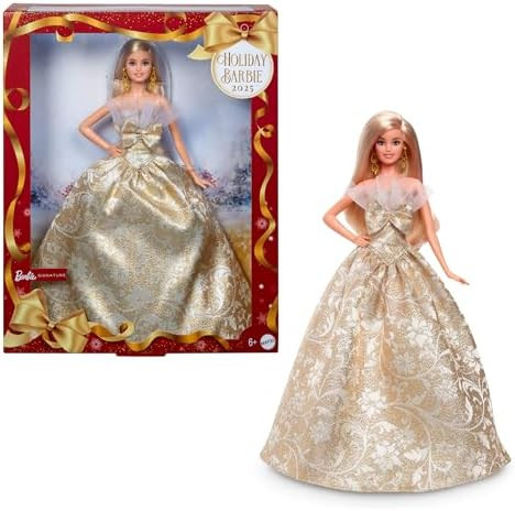 Barbie Signature 2025 Holiday Blonde Fashion Doll Wearing Silver & Gold Gown, Seasonal Collector ... | Amazon (US)