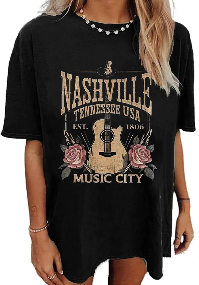 Oversized Rock Band T-Shirt Women Country Music Shirt Tops Nashville Music City Tshirt Vintage Gu... | Amazon (US)