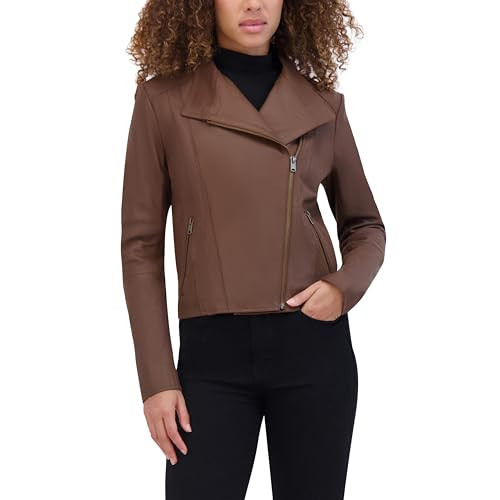 ANDREW MARC Women's Andrew Marc Asymmetrical Leather Jacket, Sepia, X-Large | Amazon (US)