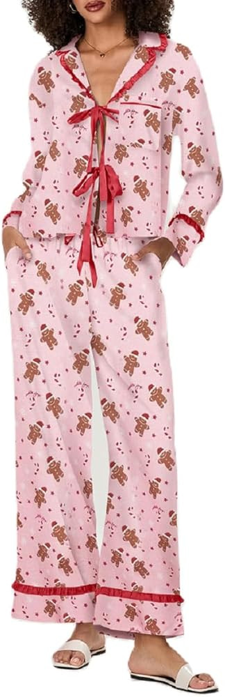 ROAONOCOMO Women Christmas 2 Piece Pajama Set Bow Tie Long Sleeve Shirt Graphic Lounge Pants Outf... | Amazon (US)