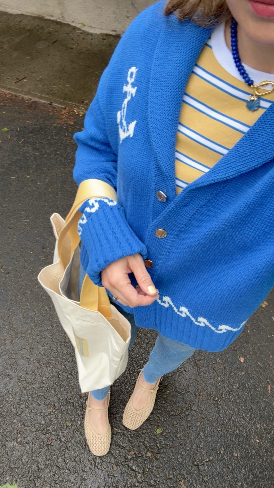 Coastal grandma, butter yellow, anchor sweater, summer cardigan, tote bag, shell necklace, beach necklace, cotton tee, woven shoes

#LTKxMadewell #LTKSeasonal #LTKootd