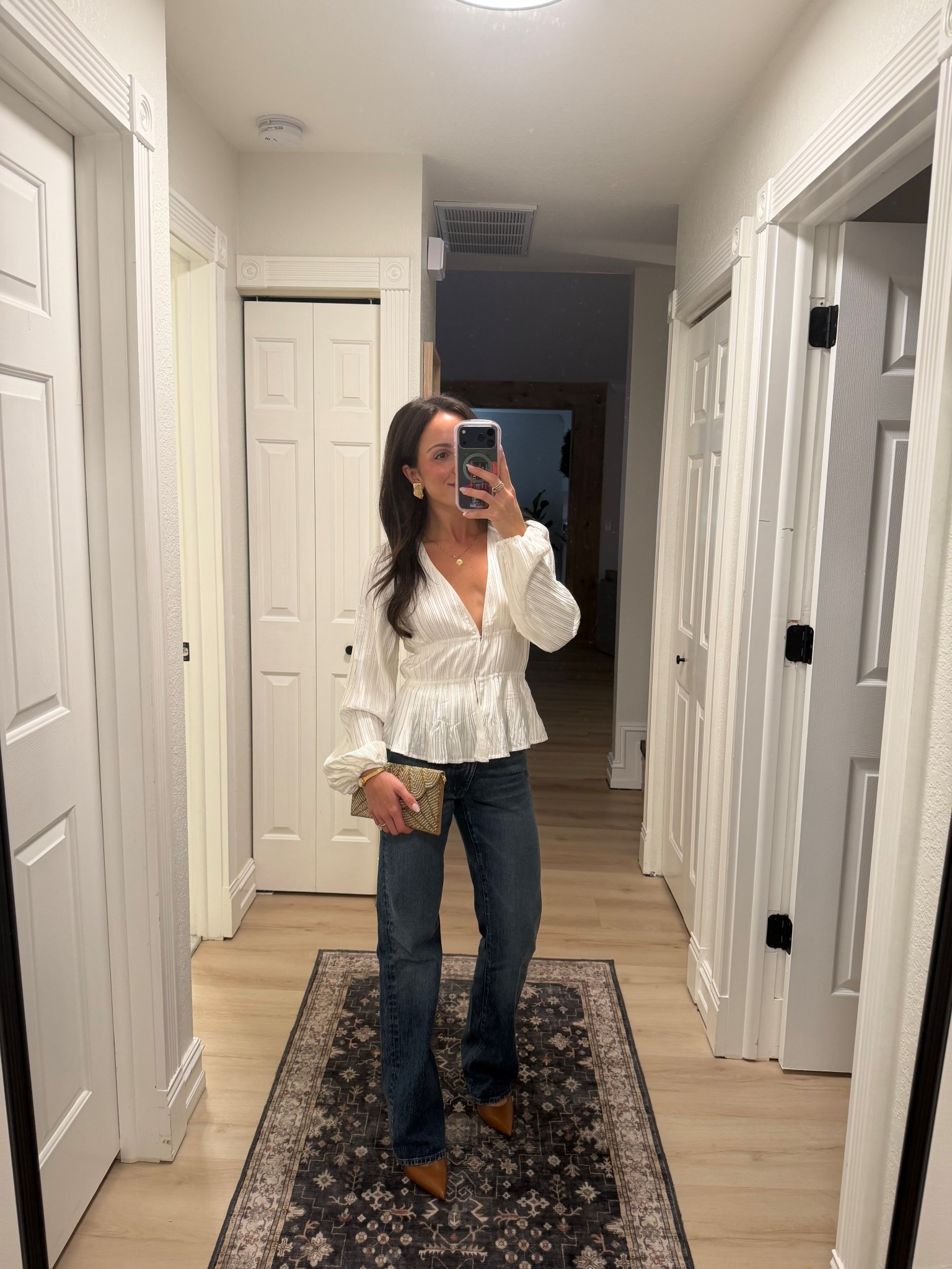 Date night outfit! Wearing my madewell bootcut jeans, a plisse white blouse from lulus, Ralph Lauren heels + a beaded clutch! 

#LTKootd #LTKFindsUnder100