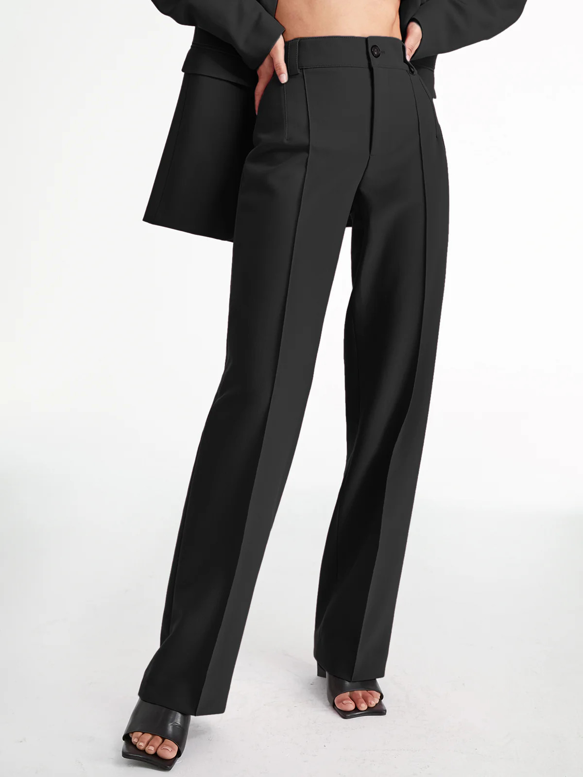 High Waisted Pleat Front Solid Colored Straight Leg Trousers | Commense