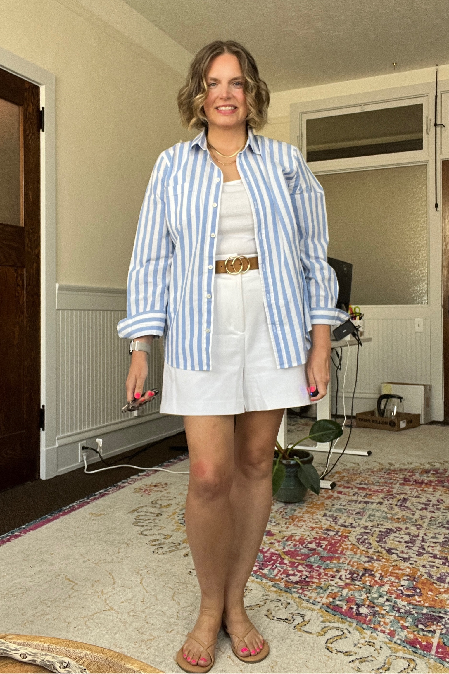 Striped button down, tank top, trouser shorts and sandals 

#LTKcurves #LTKSeasonal #LTKstyletip