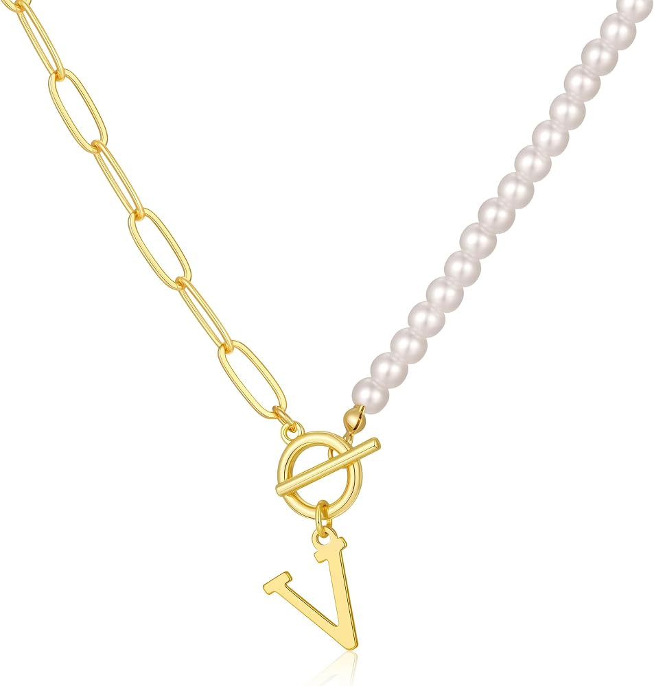 Pearl Toggle Initial Necklaces for Women - Handmade Pearl Choker Necklace Paperclip Initial Neckl... | Amazon (US)