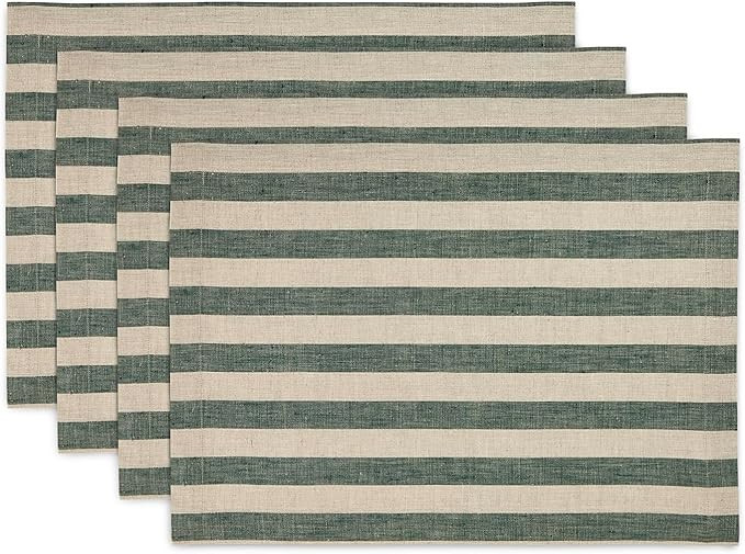 Solino Home Linen Cloth Placemats Set of 4 - Sorrento Stripe 100% Pure Linen Hunter Green and Nat... | Amazon (US)