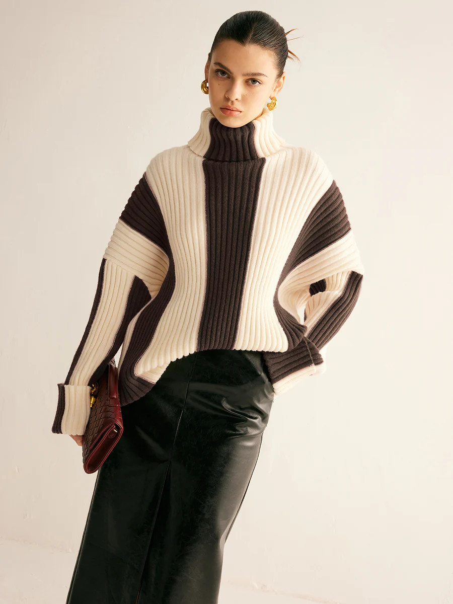 Ribbed Color Block Turtleneck Sweater | Commense