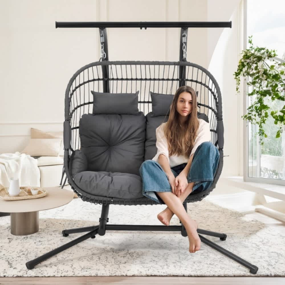 U-HOMY Hanging Double Egg Chair with Stand includes Extra Seat Cushion one_size | LY-161SG-OT | Lowe's