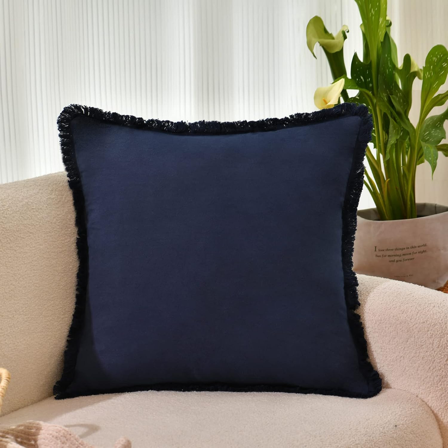 ZWJD Pillow Covers 18x18 Set of 2 Navy Throw Pillow Covers with Fringe Chic Cotton Decorative Pil... | Amazon (US)