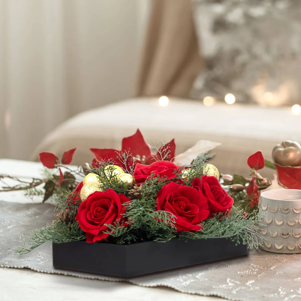 Indoor Tabletop Christmas Decorative Arrangement with Red Rose | Wayfair North America