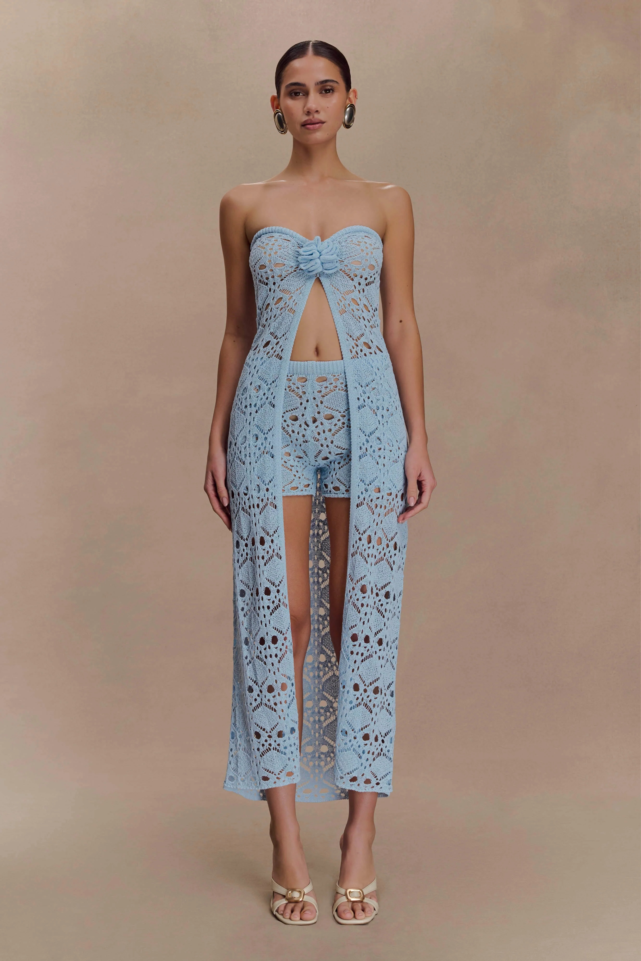 Aeline Strapless Crochet Knit Top - Sky Blue | MESHKI US
