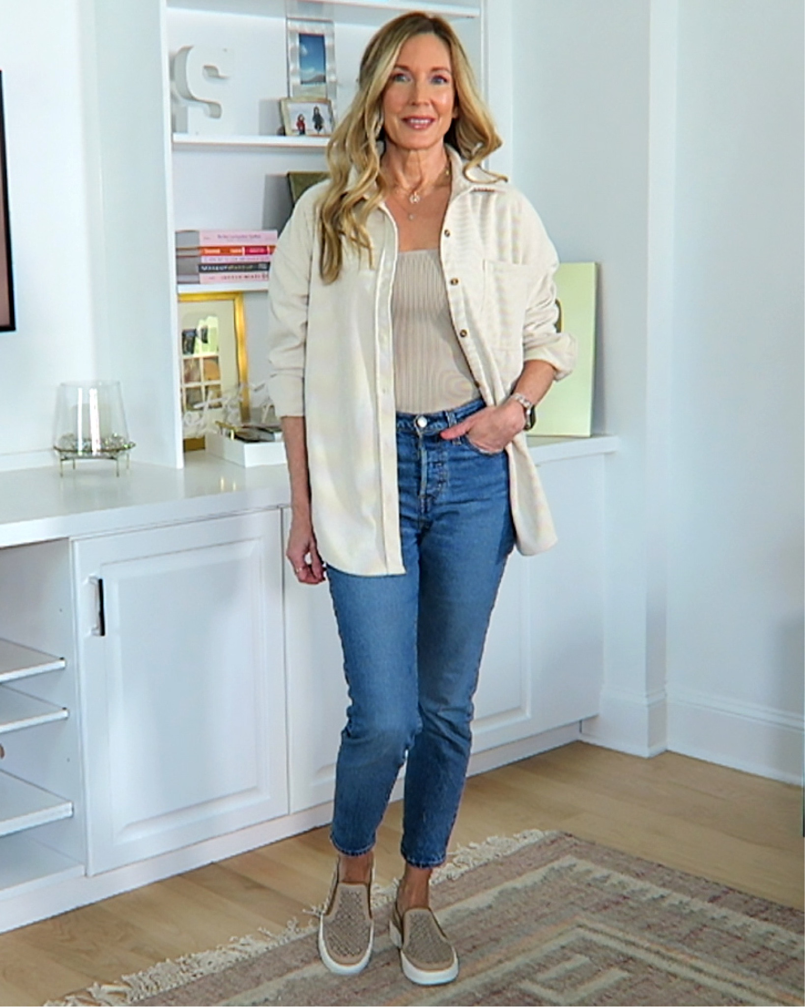 Casual spring outfit
corduroy shirt is soft and cozy wearing size small
Ribbed square neck tank in XS
Fave Levi’s jeans in 26
Super comfy perforated suede sneaker-loafers 



#LTKunder100 #LTKshoecrush #LTKstyletip