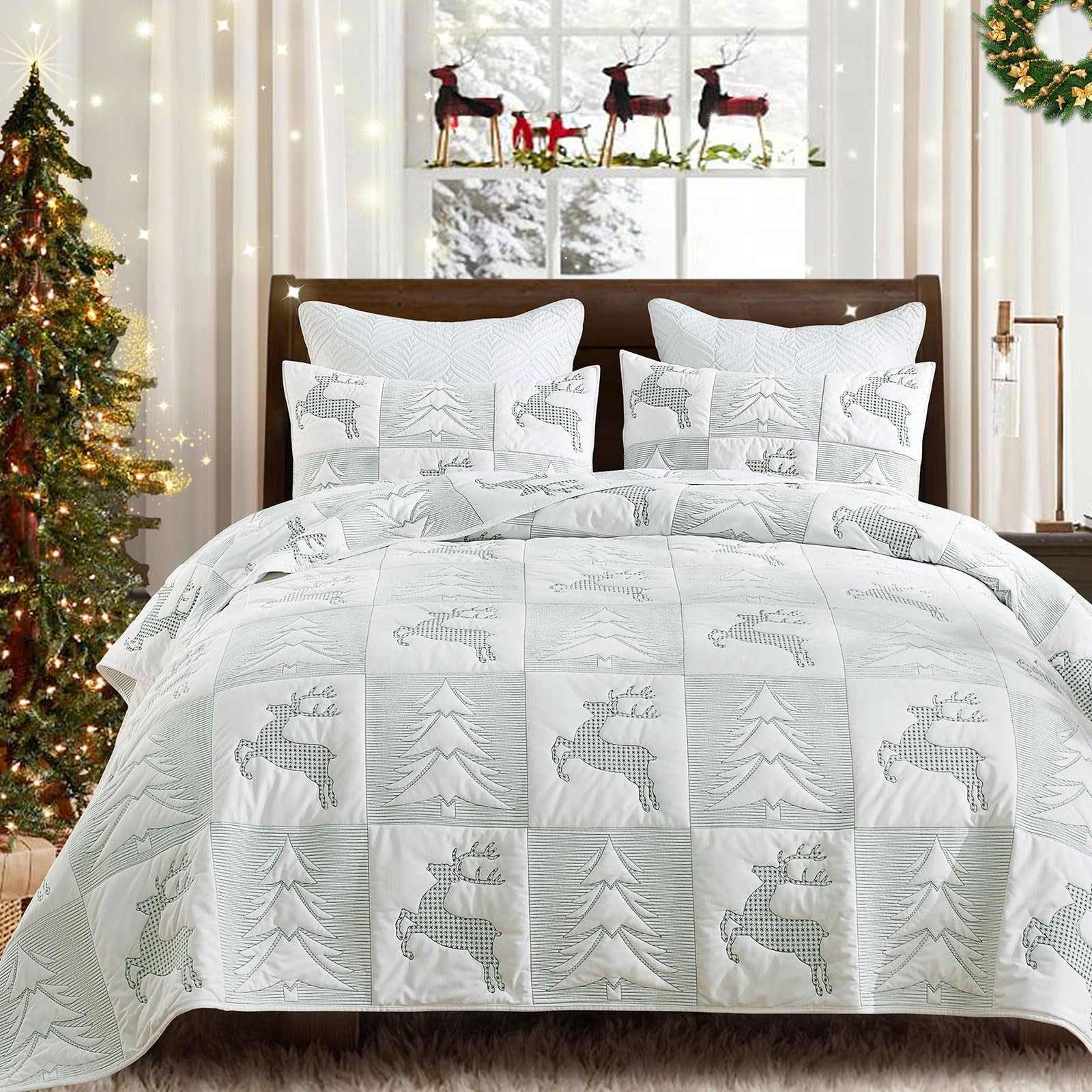 Grassix Christmas Quilt King Size, 3 Pieces Velvet Quilt Set with Xmas Tree Reindeer Pattern, Chr... | Amazon (US)
