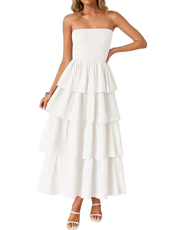 ZESICA Women‘s Summer Boho Strapless Maxi Dress 2025 Casual Sleeveless Off Shoulder Smocked Tie... | Amazon (US)