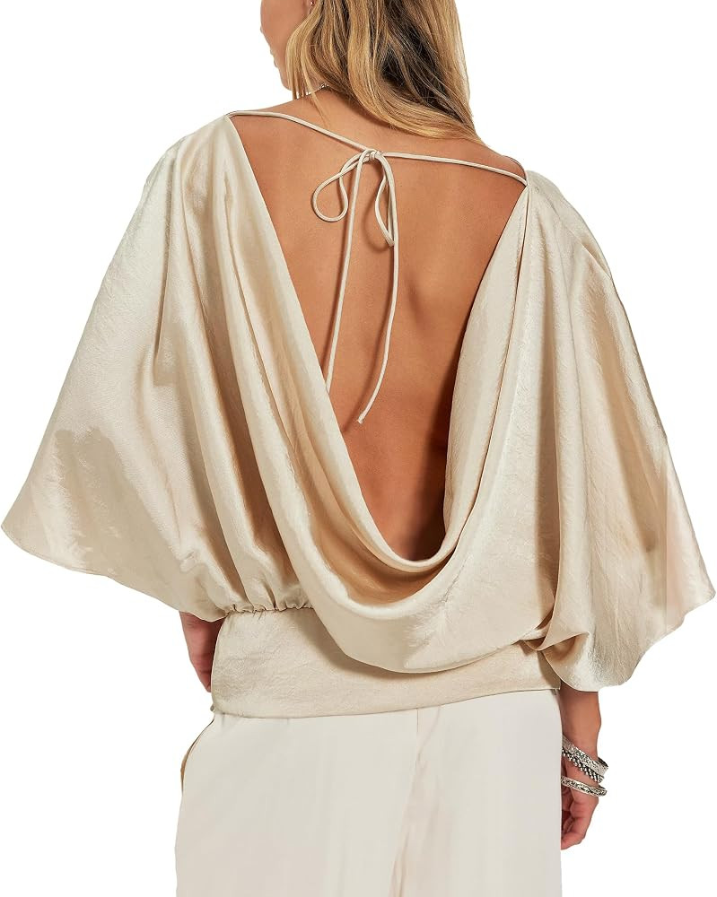 Womens Silk Satin Backless Batwing Sleeve Tops Elegant Open Back Boat Neck Dressy Blouses | Amazon (US)