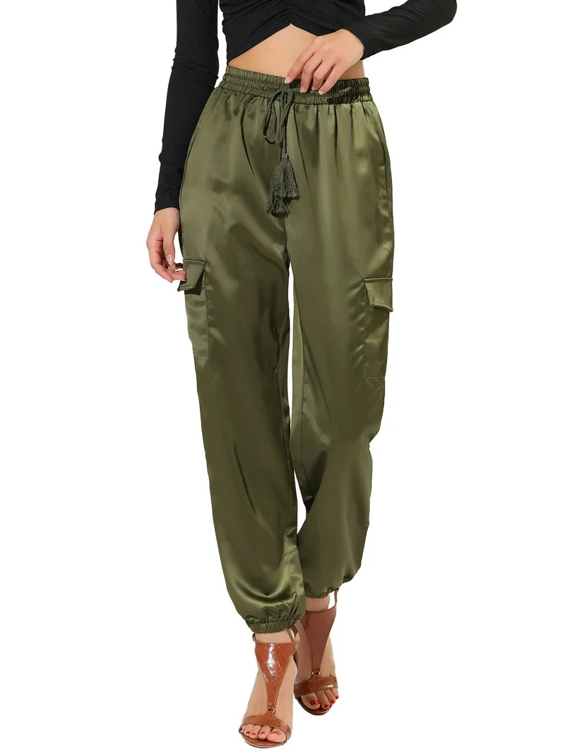 DARING DIVA Women's Drawstring Elastic High Waist Satin Cargo Pants XS Green - Walmart.com | Walmart (US)
