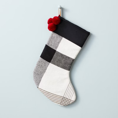 Block Plaid Poms Stocking Black/White - Hearth & Hand™ with Magnolia | Target
