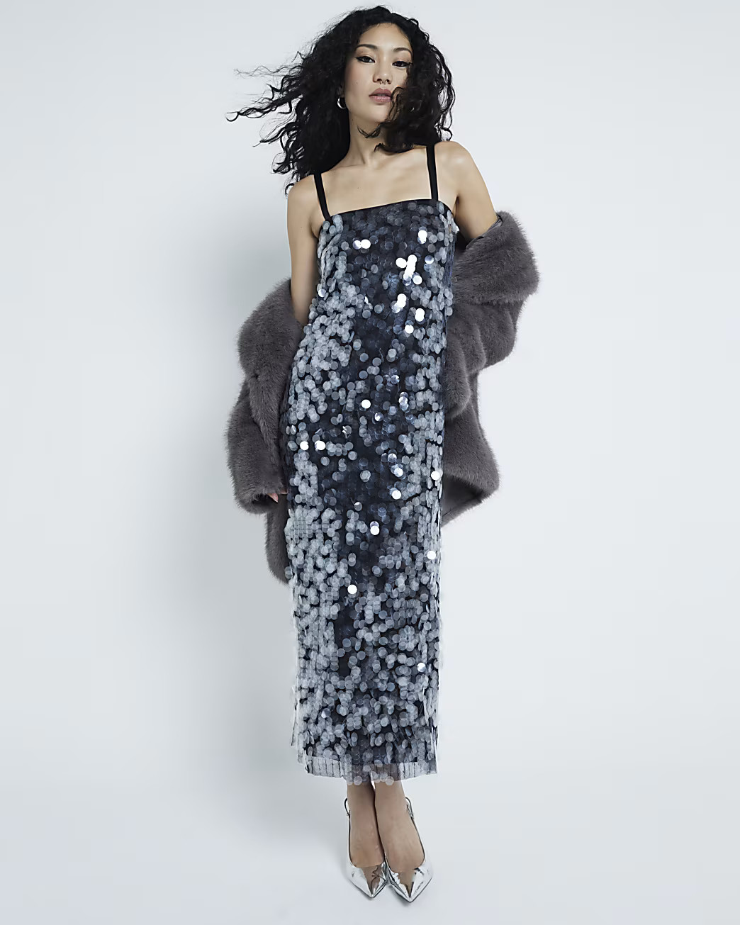 Black Sequin Slip Midi Dress | River Island (UK & IE)