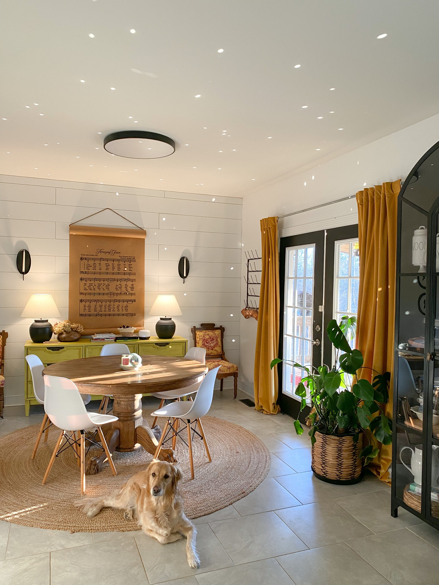 Disco ball decor, modern flush mount light, matte black lamps with shade
Budget dining chair set, velvet blackout curtains, black arch cabinet 
Amazon, Target, west elm

#LTKunder100 #LTKhome #LTKstyletip