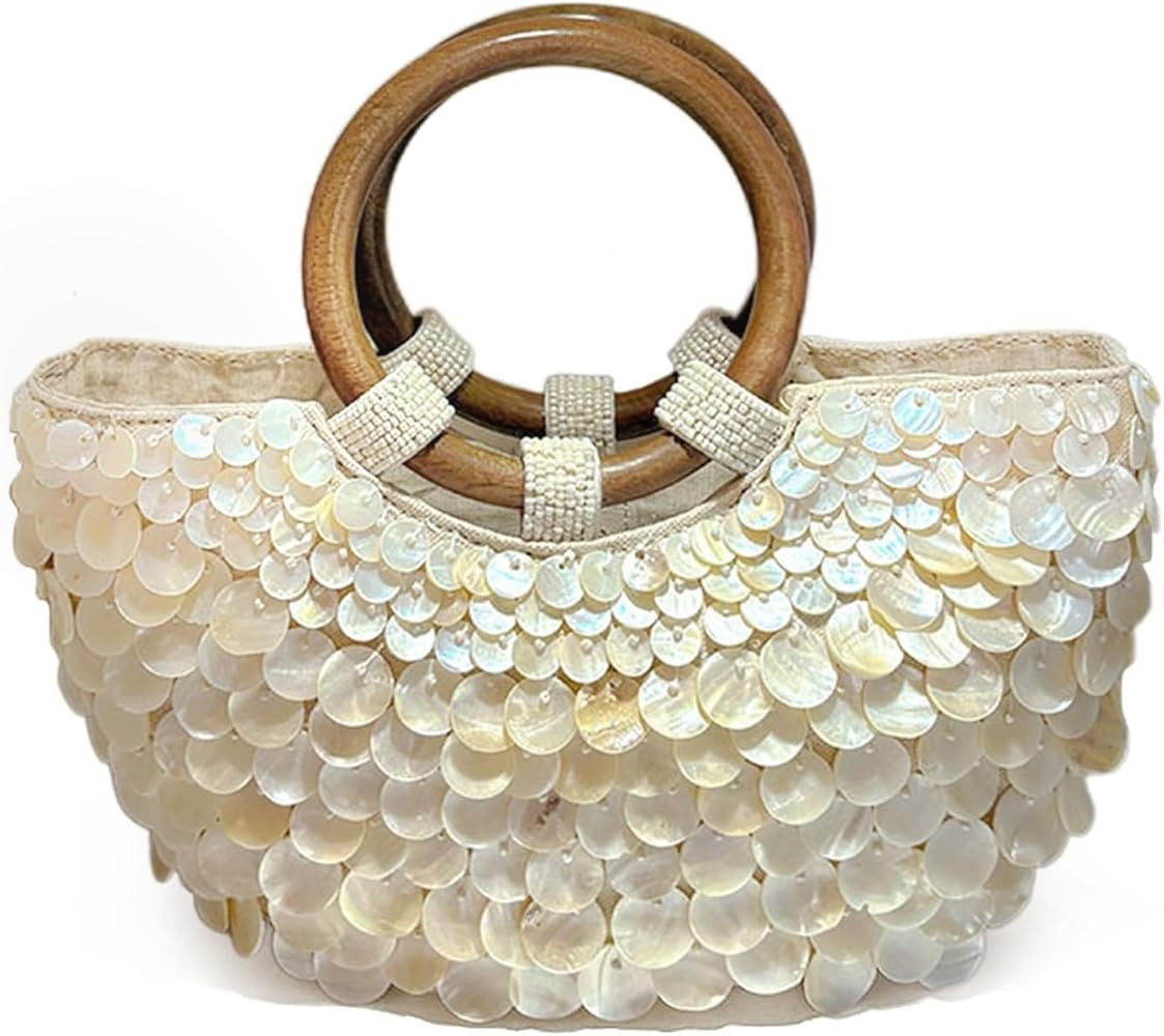 Summer Tote Bag Beach Bag for Women Beaded Shell Purse Sequin Top Handle Handbag Handmade Evening... | Amazon (US)