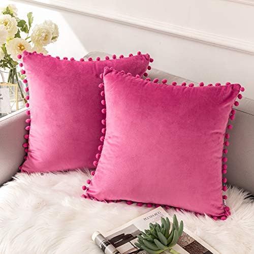 Ashler Decorative Throw Pillow Covers with Pom Poms Soft Particles Velvet Solid Cushion Covers 18... | Amazon (US)