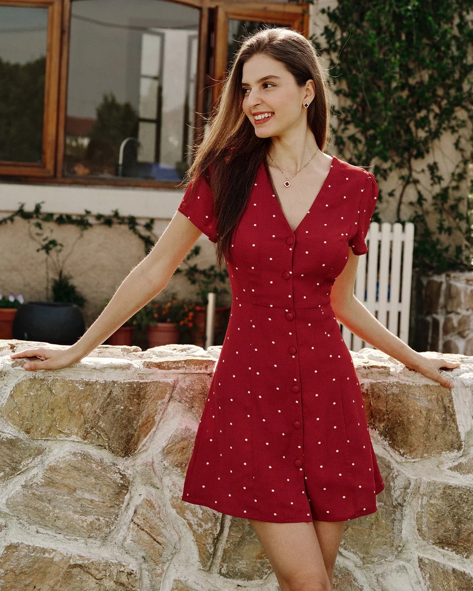 Wine Red V Neck Polka Dot Mini Dress | rihoas.com