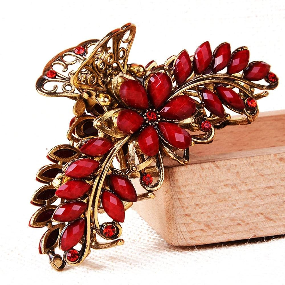 Suoirblss Large Metal Rhinestone Alloy Hair Claw Jaw Clip Retro Flowers Hair Clip Fancy Hair Barrette Clamp for Women Thick Hair (Red) | Amazon (US)
