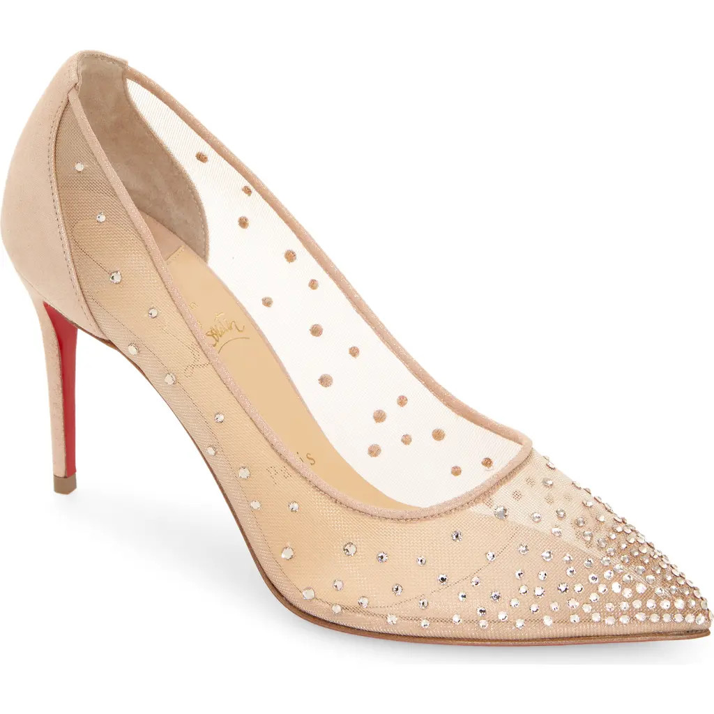 Christian Louboutin Follies Crystal Embellished Mesh Pointed Toe Pump in Light Silk at Nordstrom, Size 10Us | Nordstrom