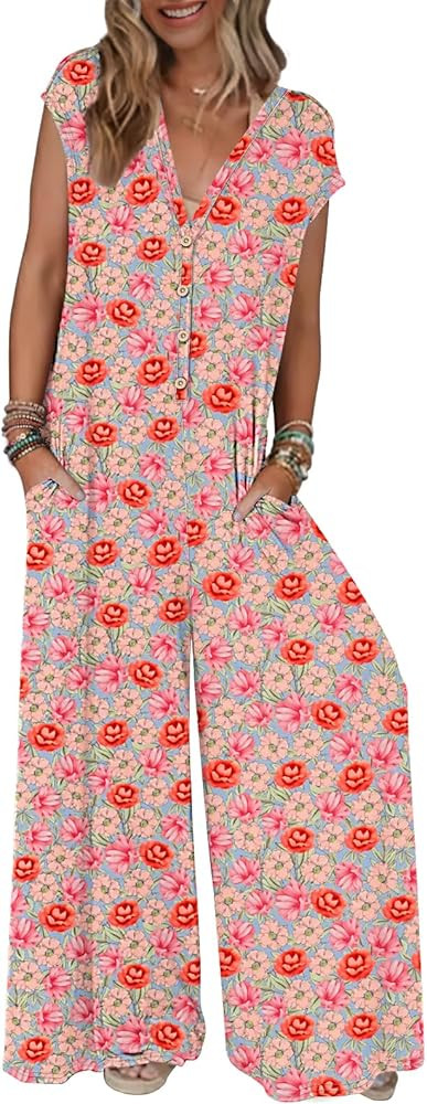 MEROKEETY Women's 2025 Summer Cap Sleeve Jumpsuits Deep V Neck Button Onesie Wide Leg Pants Rompe... | Amazon (US)