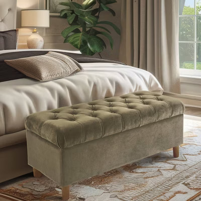 Button Tufted Storage Bench with Cone Wood Legs Velvet Light Sage Green - HomePop: Upholstered, Hardwood Frame, 250 lb Capacity | Target
