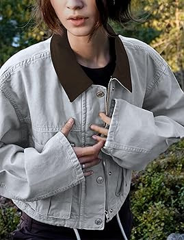 Womens Cropped Jacket Contrast Collar Utility Coat Cargo Jacket Barn Jacket Outwear with Pockets | Amazon (US)