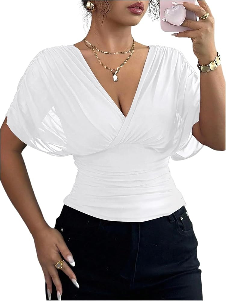 BEAUDRM Women's Wrap Going Out Tops Cinched Waist Tops Date Night Outfit | Amazon (US)