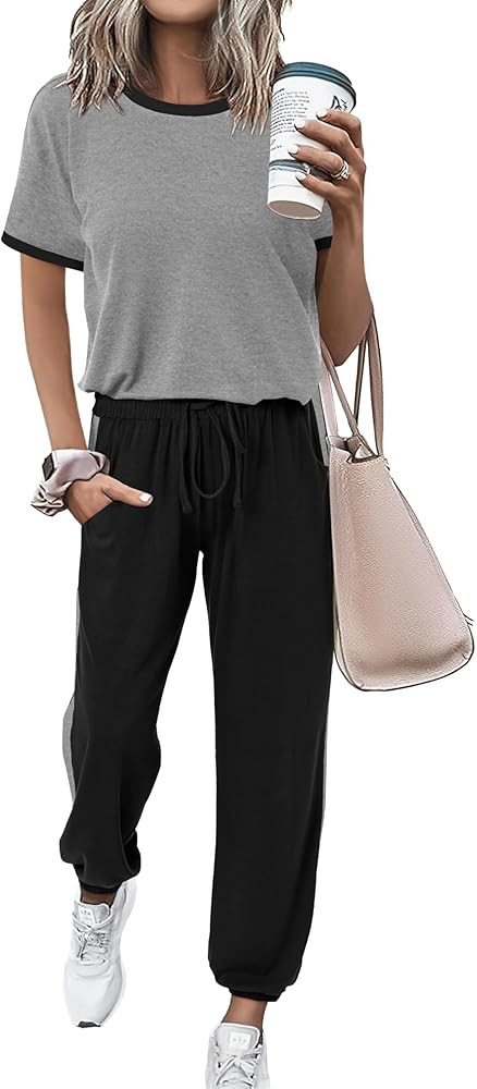 MASCOMODA Womens 2 Piece Outfits 2025 Summer Tracksuit Sets Short Sleeve Tops Travel Long Pants J... | Amazon (US)