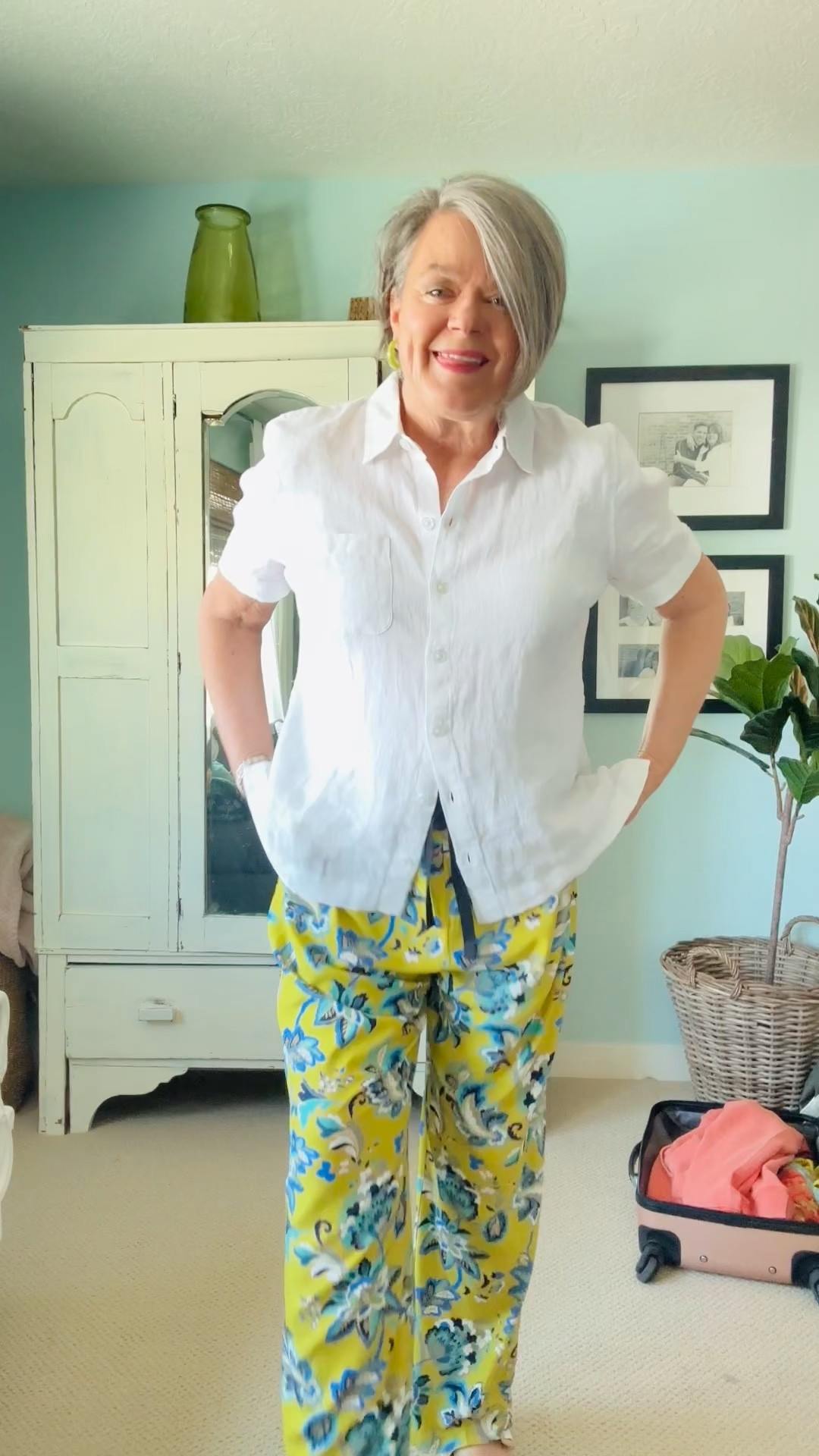 Fun resort wear for women over 50!  I love linen and this white camp shirt is perfect for all your summer vacations! Some fun flowy lightweight lime green floral print elastic waist pants are my go to summer pants! Top it all with a washable linen jacket in purple! 
@coldwatercreek nailed it! #coldwatercreekpartner #womenover50fashion

#LTKdayinmylife #LTKootd #LTKMidsize