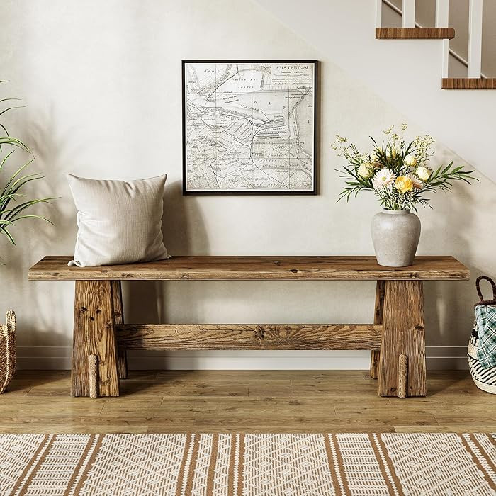LITTLE TREE 59" Solid Wood Bench, Farmhouse Entryway Bench, Long Retro Bench for End of Bed, Dini... | Amazon (US)