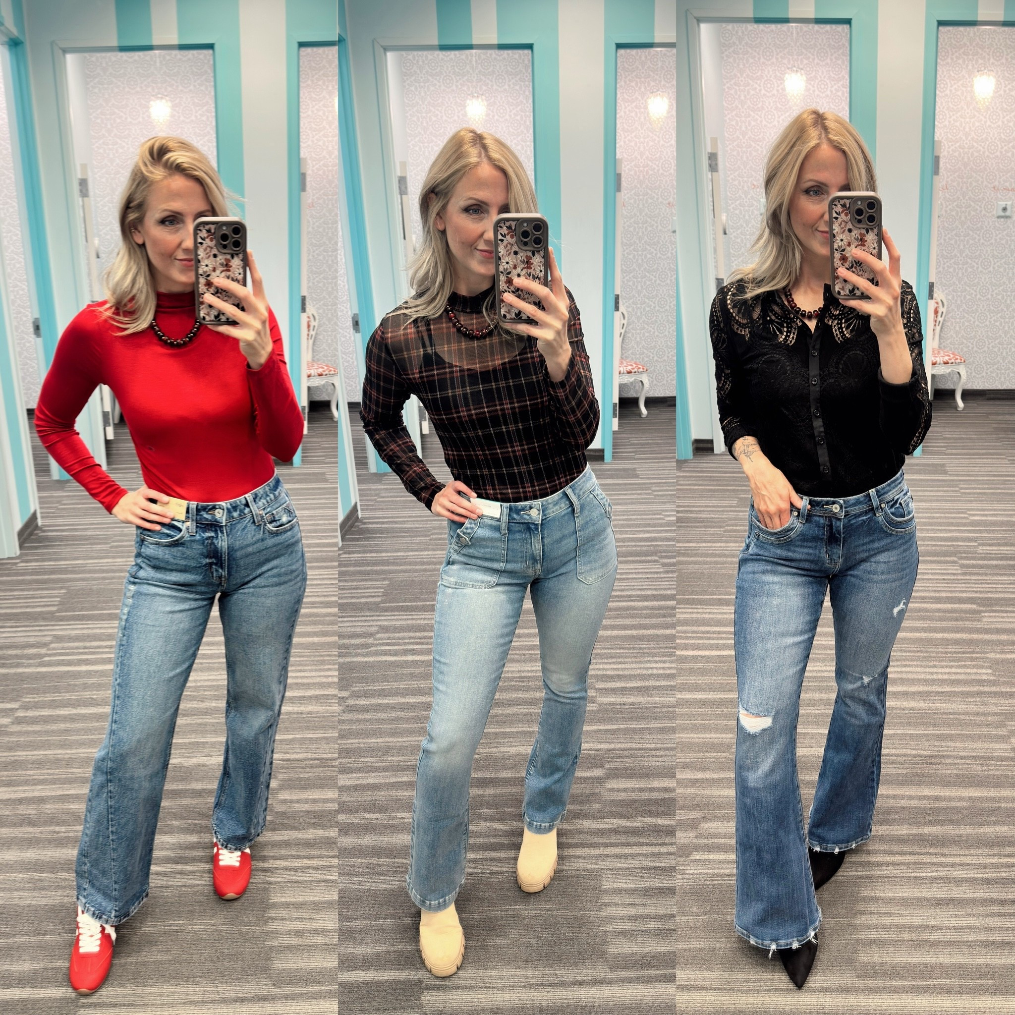 Wearing size small in tops and and 27 in KanCans, 4 in Edgely and mjeans.