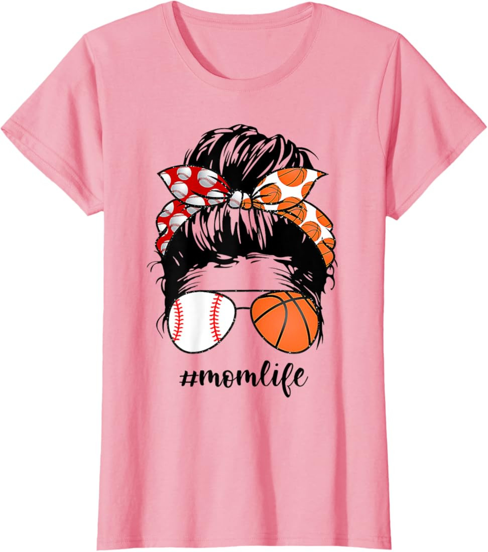 Mom Life Baseball Basketball Mom messy bun funny Mothers Day T-Shirt | Amazon (US)