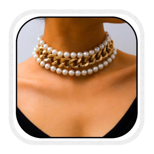 CLOACE Layered Pearl Choker Necklace Gold Chunky Link Chain Necklaces Thick Necklaces Punk Jewelry for Women(Gold Layered Chain) | Amazon (US)