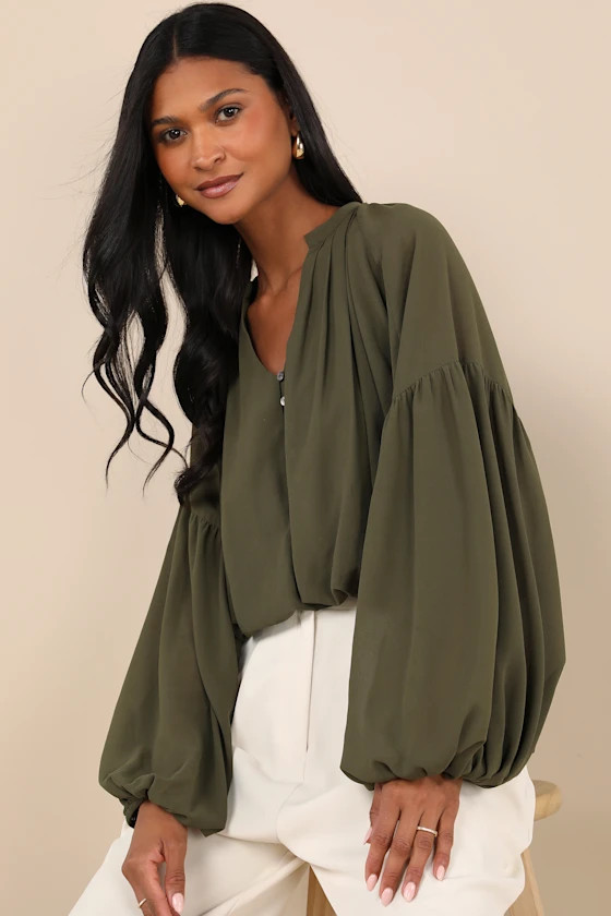 Season of Blooms Olive Green Balloon Sleeve Top | Lulus