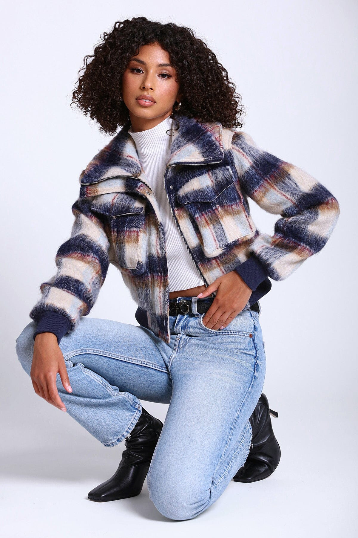Brushed Plaid Relaxed Bomber Jacket | Avec Les Files