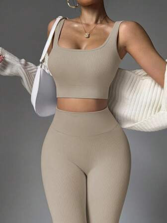 Slayoga 2pcs Seamless High Stretch Yoga Set Tracksuit Gym Set Ribbed Tank Top Tummy Control Leggings Workout Women Set Gym Women Outfit | SHEIN