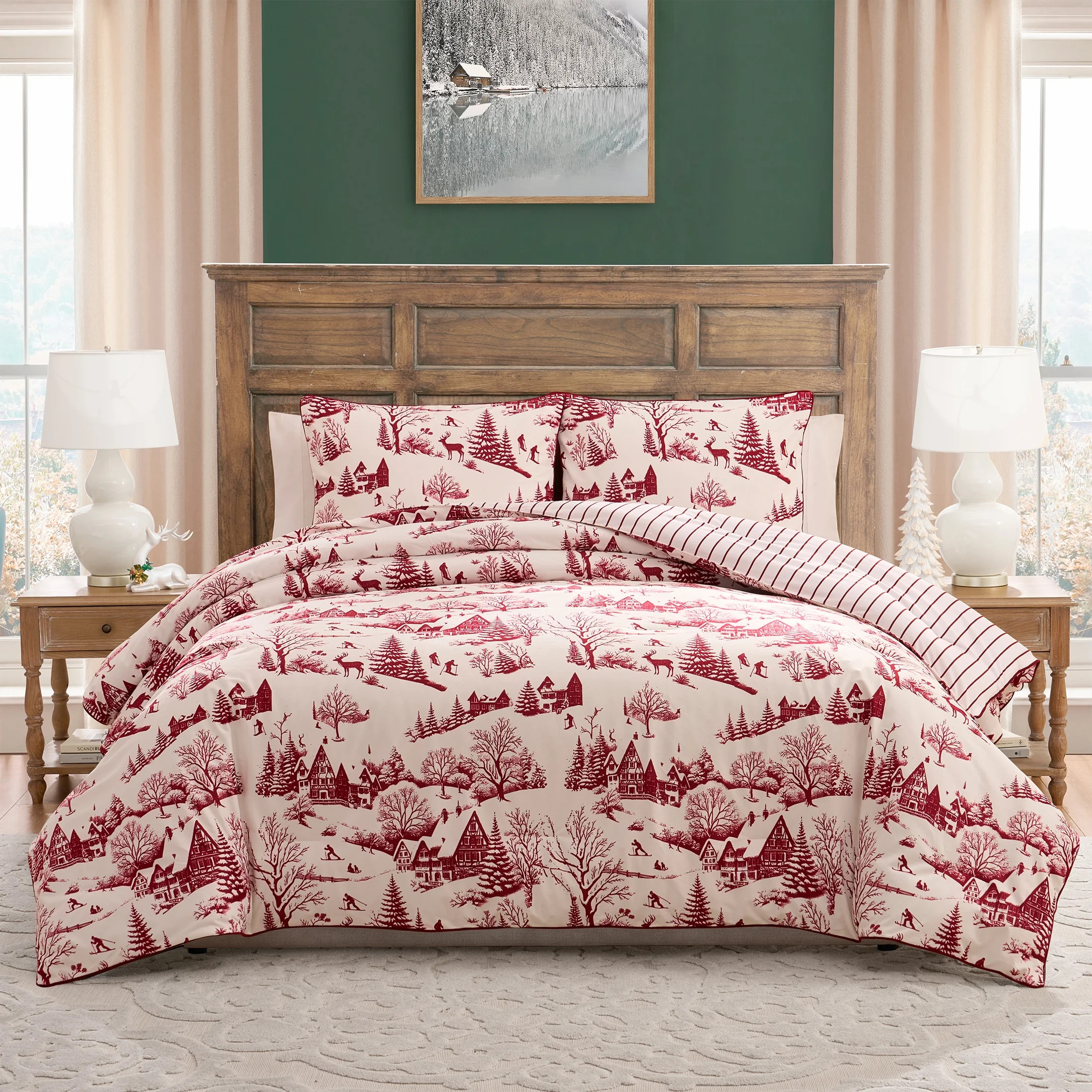 My Texas House Aurora 3-Piece Red Toile Velvet Adult Comforter Set, Full/Queen | Walmart (US)