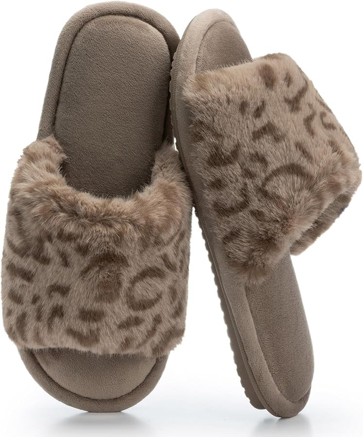 Women's Fuzzy Open-Toe House Slippers with Memory Foam - Leopard Print Plush Cozy Cute Slipper In... | Amazon (US)