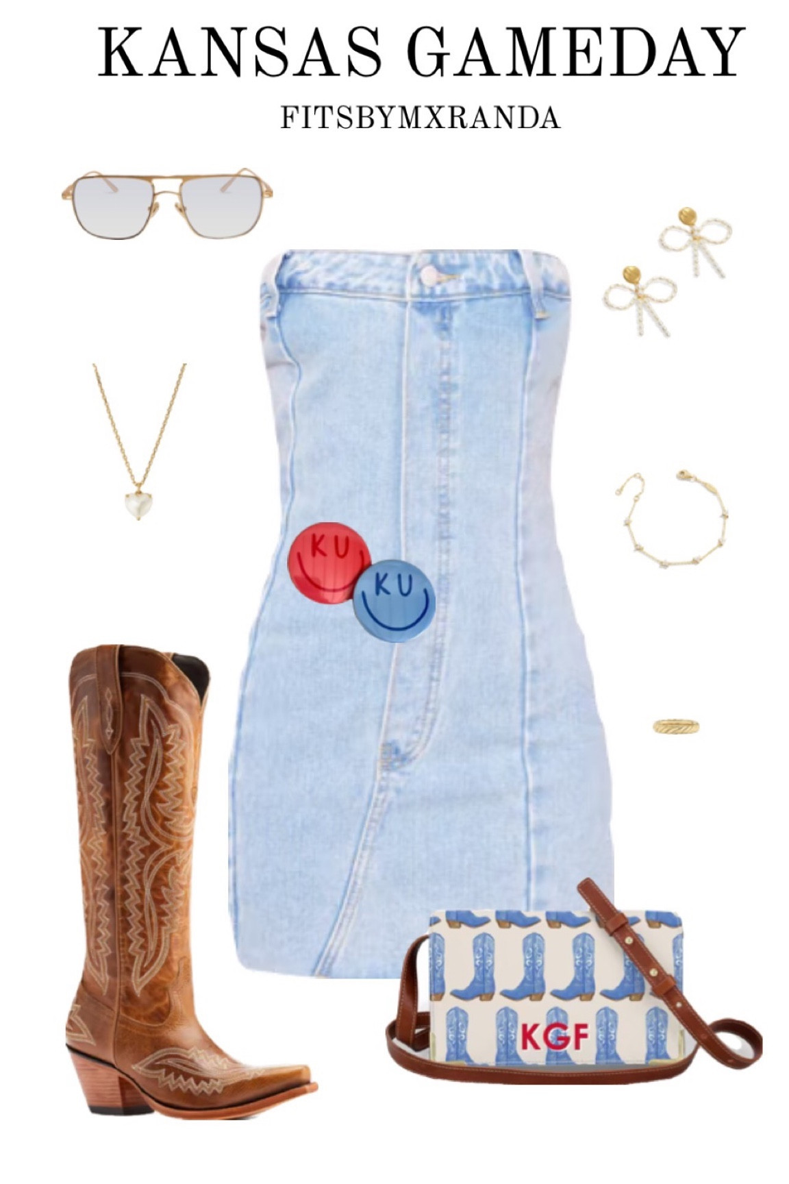 KANSAS GAMEDAY FIT 
This denim dress is currently on sale! 
Sunnies are Elisa Johnson- Jane in Gold Metal 

#LTKU #LTKstyletip #LTKfindsunder50