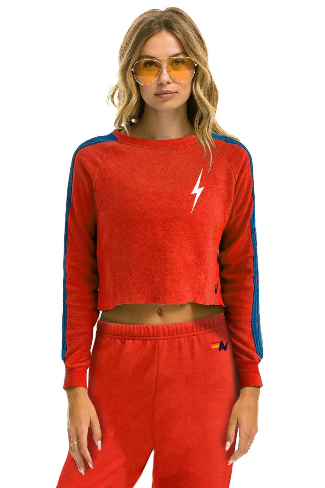 BOLT STRIPE 2 CROPPED CREW SWEATSHIRT - NEON RED | Aviator Nation