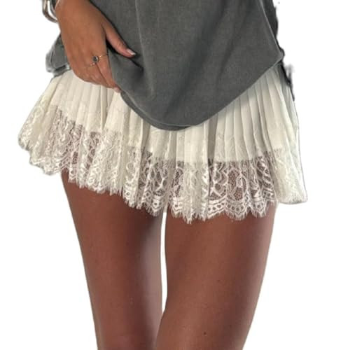 Aopwsrlyi Women Lace Mini Skirt Casual Low Rise Layered Pleated Half Slip Flowy Short Ruffle Skirts (White, S) | Amazon (US)